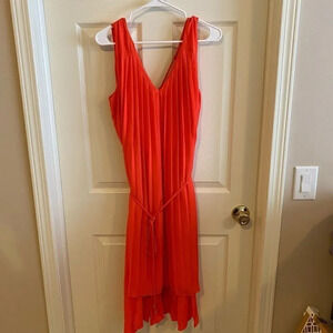 Rachel Rachel Roy Hi-Low, Sleeveless, orange-red, M dress w/ waist tie, pleated